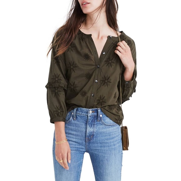 NEW Madewell olive embroidered bubble sleeve shirt - Picture 8 of 8